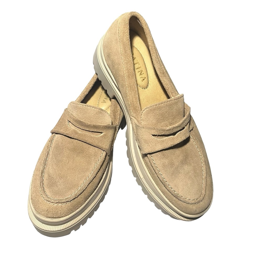 Patina Womens Suede Platform Lug Sole Penny Loafers Tan Size 7